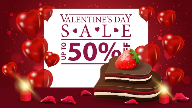 Bandiera rossa di sconto di san valentino con caramelle al cioccolato