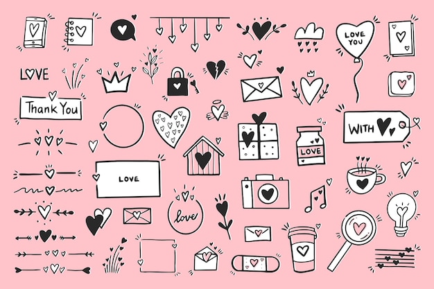 Valentine's day doodle set isolated on white background