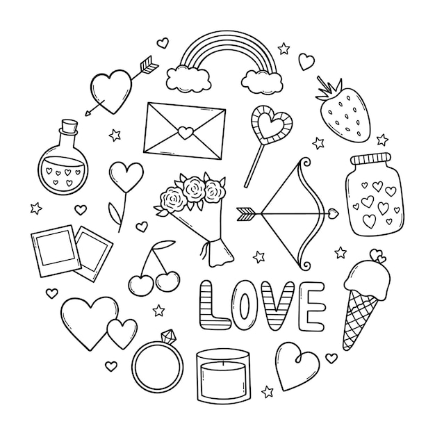 Valentine's Day doodle set Love elements in sketch style Hand drawn vector illustration isolated on white background