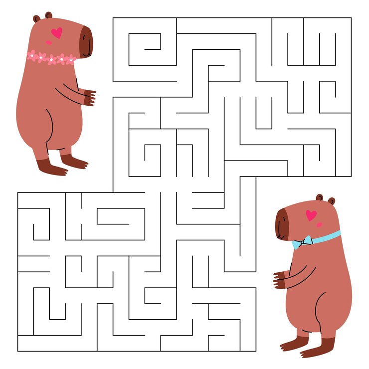 Valentine's day doolhof spel voor kinderen Leuke mooie capybara op zoek naar een weg naar de mooie capybara Drukbare werkblad met oplossing voor school en kleuterschool