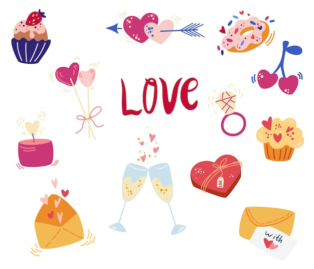 Collezione di elementi di san valentino. modello per carte e banner design. grande set di articoli romantici, cuori, dolci, champagne, cupcakes, regali, gelati e altro. illustrazione vettoriale di tiraggio della mano.