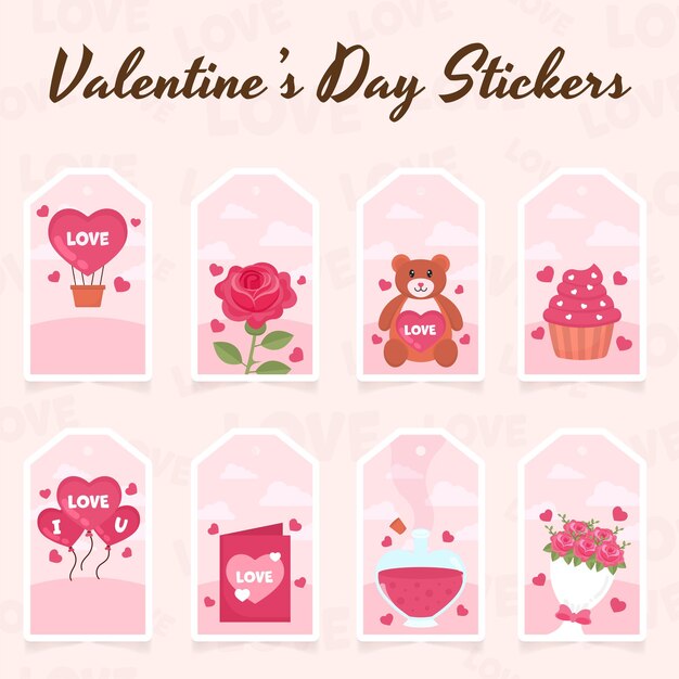 Valentine's day elements set in cloudy pentagon background for sticker or tag design