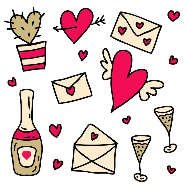 Valentine's Day envelopes collection for stickers tee cards in retro style Hand drawn vector illustration