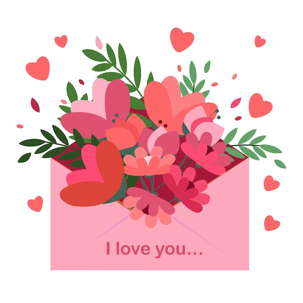 Valentine's day, february 14. vector illustrations an envelope with flowers.  drawings for postcard,