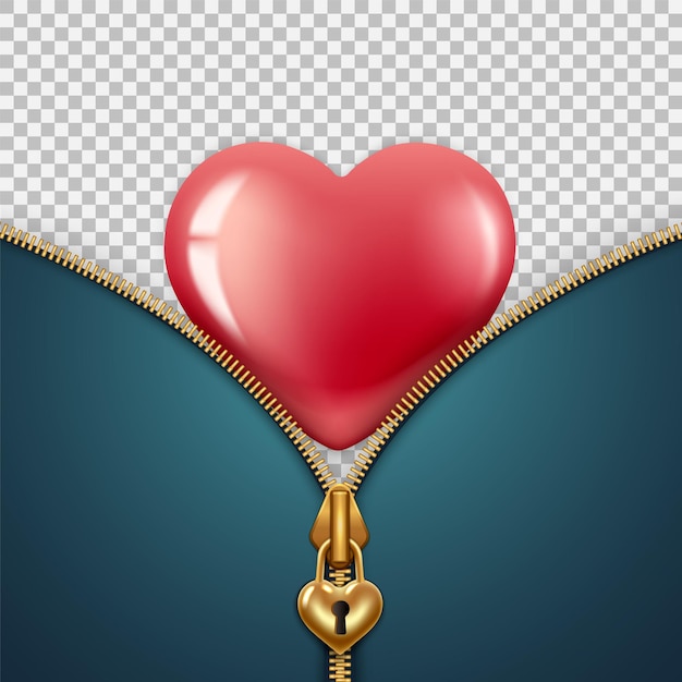 Vector valentine's day february. zipper clasp in the shape of a lock with a keyhole, gold color and behind it a red heart.