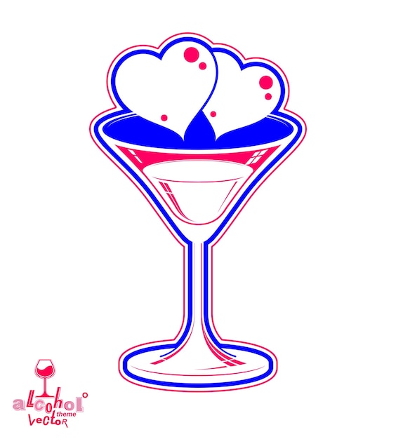 Valentine’s day festive illustration, martini glass with two loving hearts – wedding anniversary celebration theme.