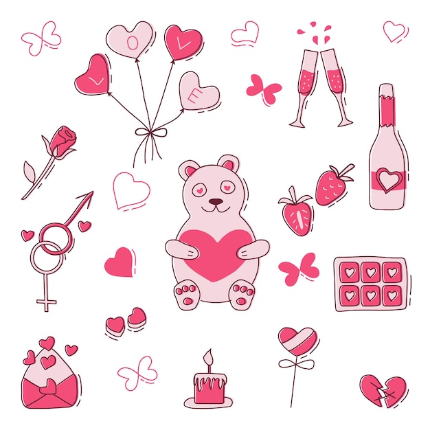 День святого Валентина Flat Doodle Clip Art Set Векторная иллюстрация на белом фоне.