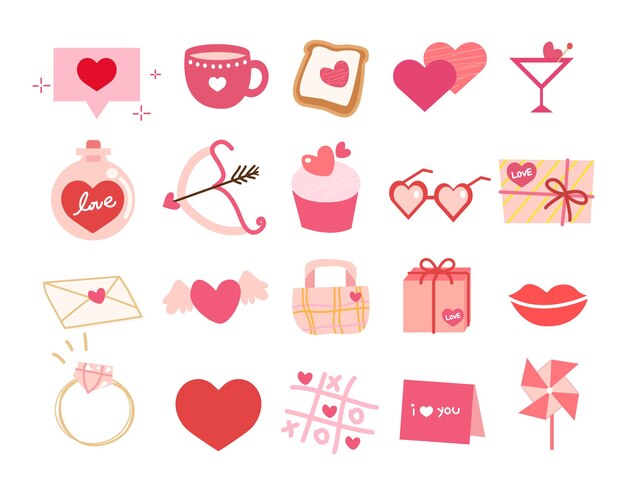 Vector valentine's day flat icons set gifts couple cups gifts cupcakes love letters
