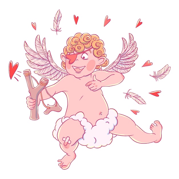 Vector valentine's day. funny cupid with patch on the knee on a cloud shoots with a slingshot.