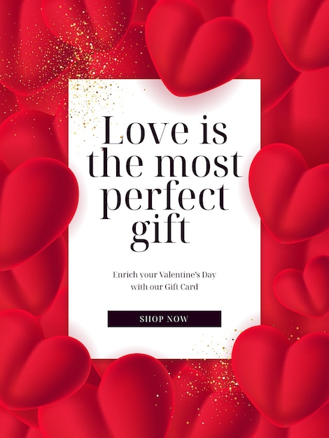 Valentine's day gift card, event flyer, poster with 3d hearts