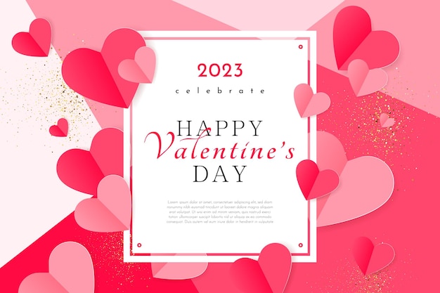 Valentine's Day gift card, event flyer, poster with paper cut hearts in pink, vector illustration