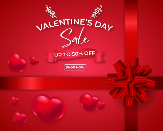 Valentine's day gift sale 50% off poster or banner with many sweet hearts and on red. promotion template or for love and valentine's day