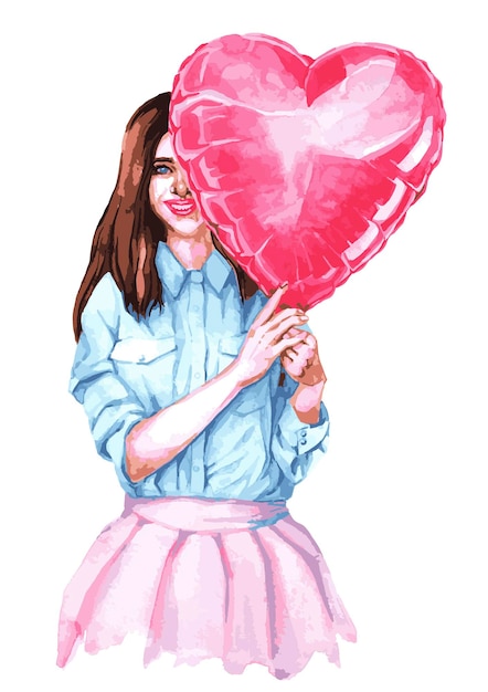 Vector valentine's day girl with heart shaped balloon