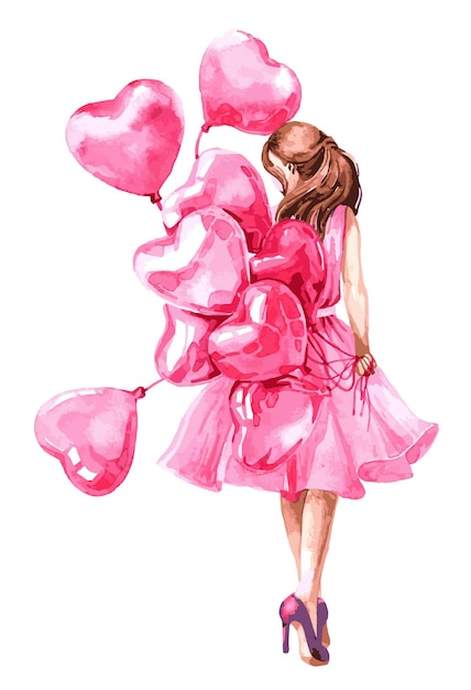 Vector valentine's day girl with heart shaped balloon