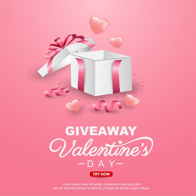 Modello di banner omaggio di san valentino con confezione regalo realistica