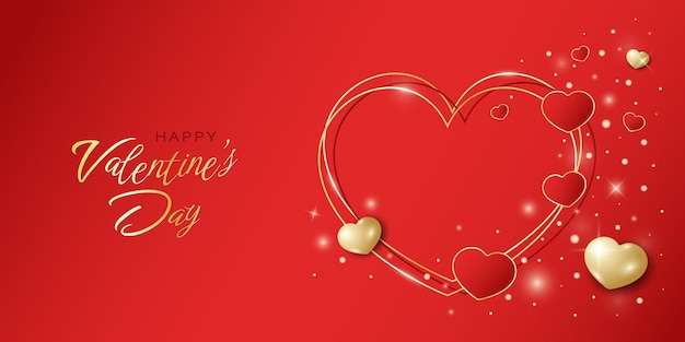 Valentine's Day glimmer vector banner Red and gold realistic glossy hearts on bright red background