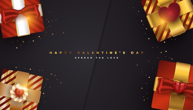 Vector valentine's day greeting banner with realistic red and gold gift boxes and glitter gold confetti