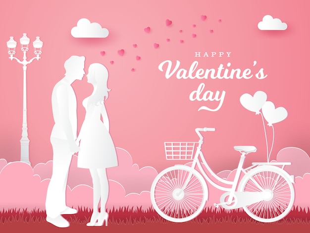 Valentine's day greeting card. couple in love holding hands and looking each other with bicycle on pink