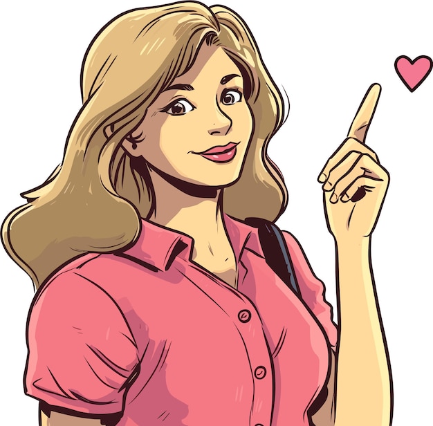 Vector valentine's day greeting card girl in pink shirt pointing to heart