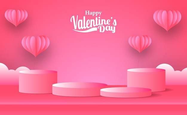 Valentine's day greeting card marketing promotion banner with empty stage podium product display with pink hearth illustration paper cut style