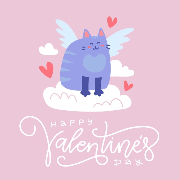 バレンタインデーのグリーティングカードまたはバナー。心を持って雲の上に座っているキューピッドの青い翼の猫。レタリングテキストとフラットなイラスト。