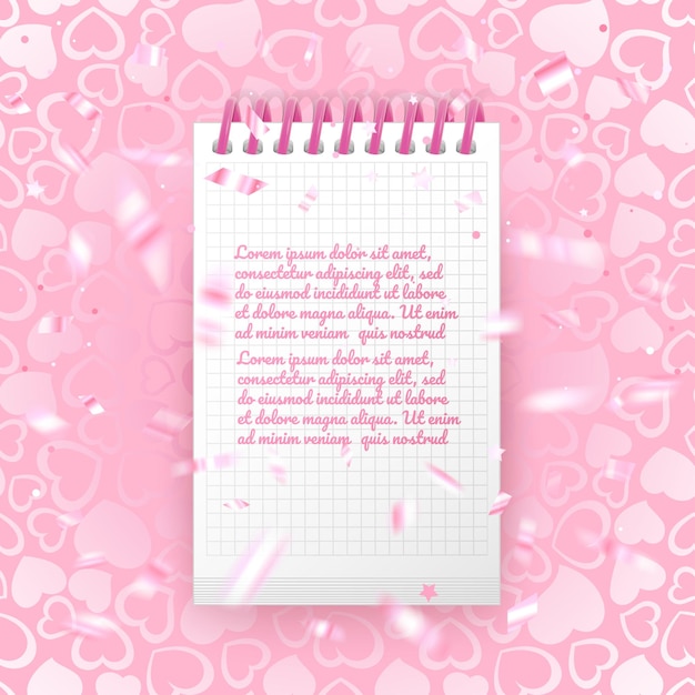 Cartolina d'auguri di san valentino di colore rosa, con una foglia bianca per testo, carta con uno sfondo di motivo senza cuciture con cuori, illustrazione vettoriale eps 10