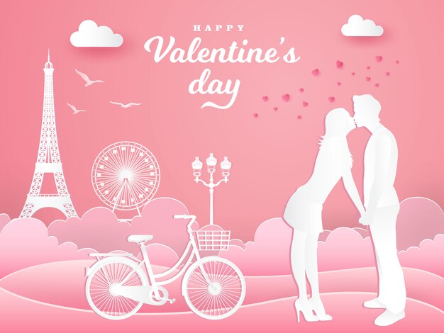 Valentine's day greeting card. romantic couple kissing in the park with  bicycle on pink