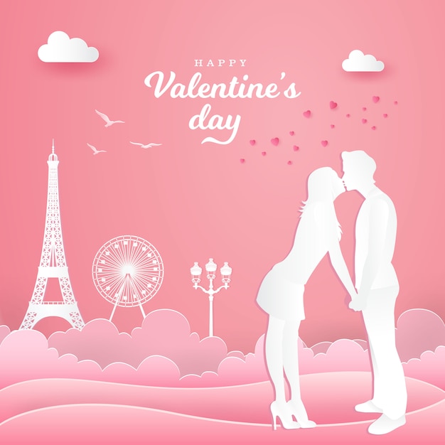 Valentine's day greeting card. romantic couple kissing in the park with  bicycle on pink