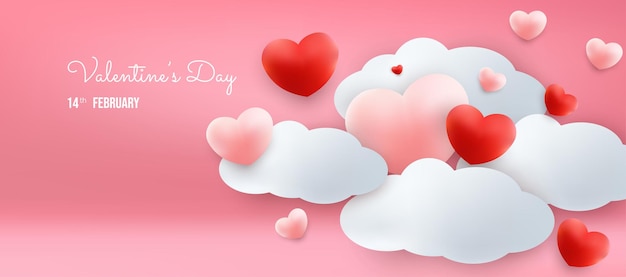 벡터 심장 풍선과 분홍색 배경에 구름과 발렌타인 데이 인사말 카드 판매 배경