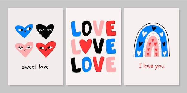 Valentine's Day greeting card set. Hand drawn trendy cartoon heart, love lettering. Vector