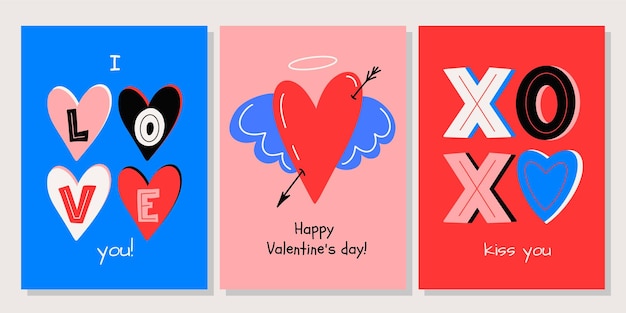 Valentine's Day greeting card set. Hand drawn trendy cartoon heart, love lettering. Vector