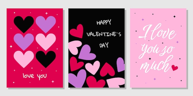 valentine's day greeting card set hand drawn trendy cartoon heart love lettering vector