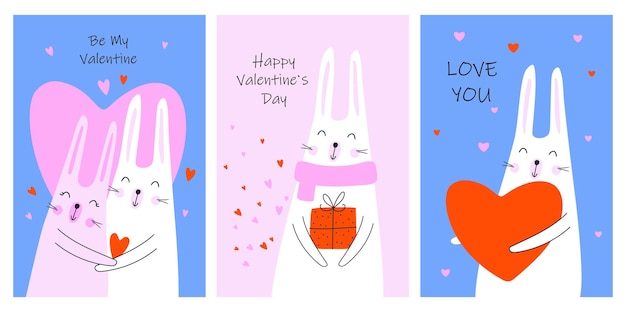 Valentine's day greeting card set with hearts and rabbits. Vector illustrations