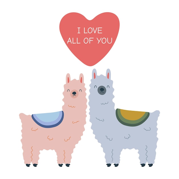 Valentine's day greeting card template with a couple of llamas and a heart with text Vector