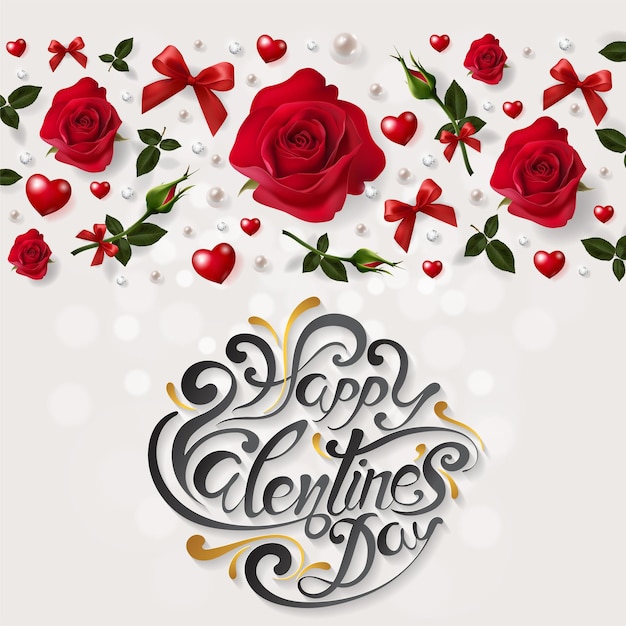 Valentine's day greeting card templates with realistic of beautiful rose and heart on background color.