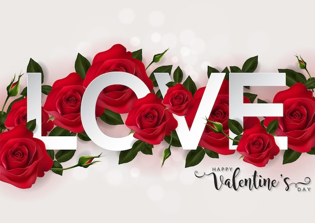 Valentine's day greeting card templates with realistic of beautiful rose and heart on background color.