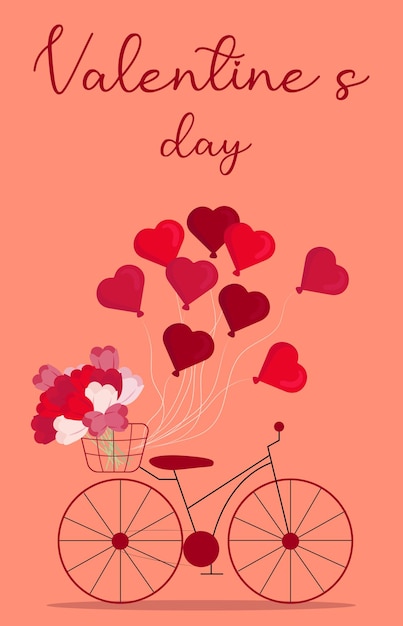 Vettore cartolina d'auguri di san valentino con bicicletta, palloncini e fiori. illustrazione vettoriale carina in piano