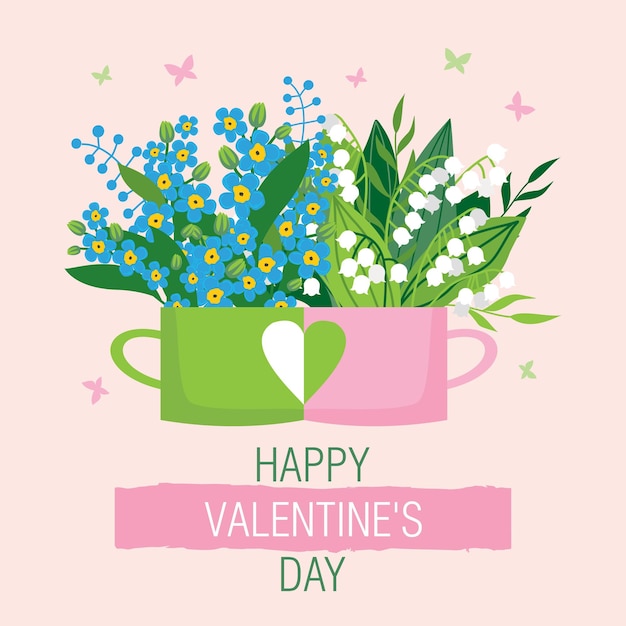 Valentine's Day greeting card with a couple of loving cups with flowers.  