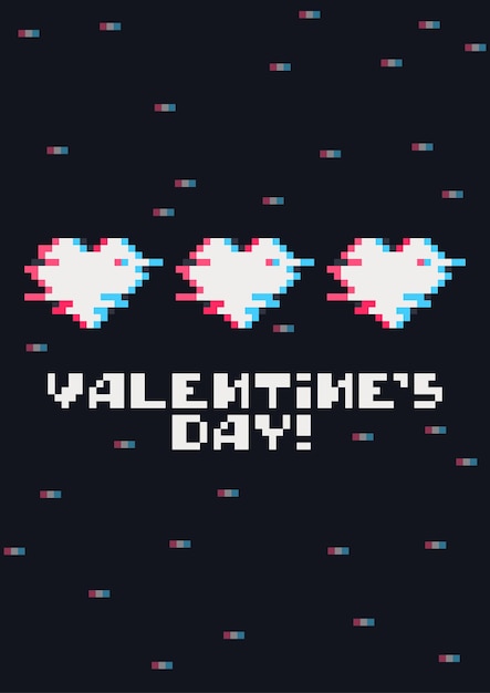 Vettore biglietto di auguri di san valentino con simpatici cuori pixel ed effetto glitch di gioco