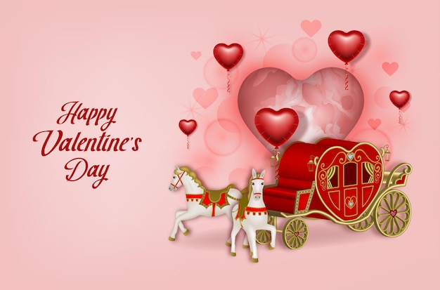 Открытка на день святого валентина с каретой в форме сердца и воздушными шарами. день святого валентина фон