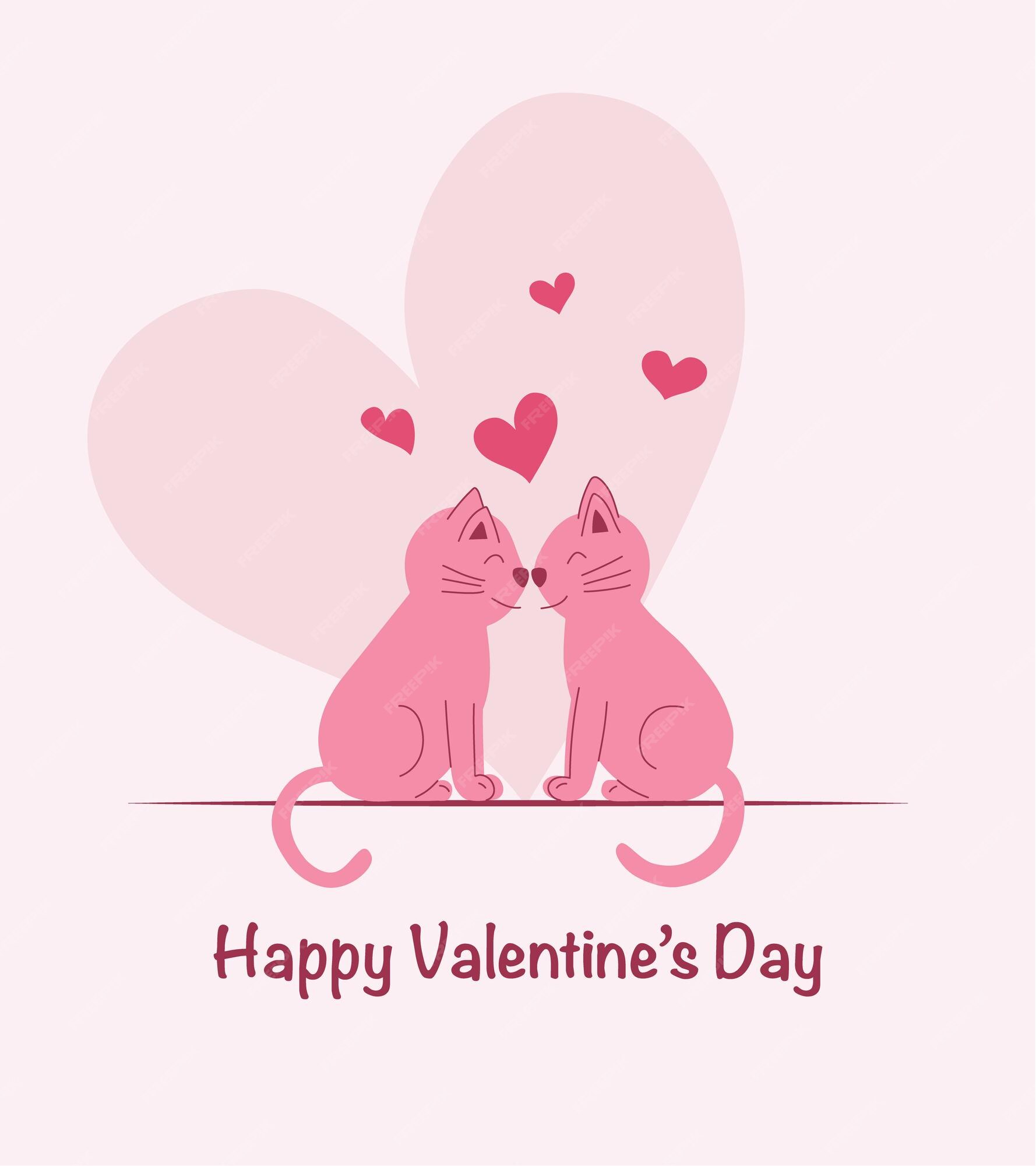 Two Cats in Love. Valentine Day Greeting Card. Vector Illustration