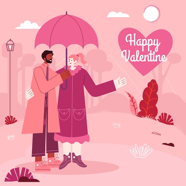 Biglietto di auguri di san valentino. giovani coppie che stanno sotto l'ombrello un giorno piovoso. illustrazione vettoriale moderno stile piatto