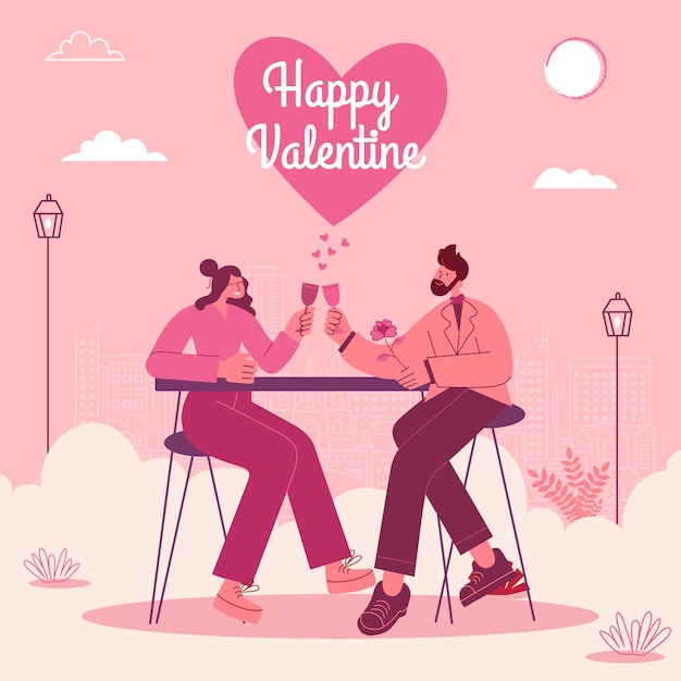 Biglietto di auguri di san valentino. giovani coppie amorose che hanno cena romantica dell'appuntamento in all'aperto. illustrazione vettoriale moderno stile piatto