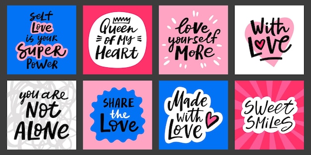 Vector valentine's day greeting cards set with hand written lettering quotes. love you vector posters.