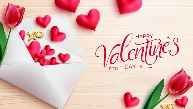 Valentine's day greeting vector design. Happy valentines day text with envelope.