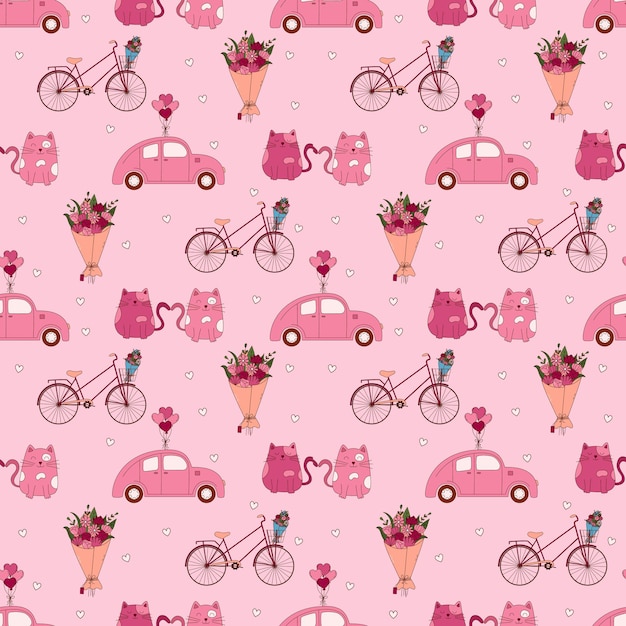 バレンタインデー 手描きのシームレス パターン 猫 車 バルーン 花 自転車