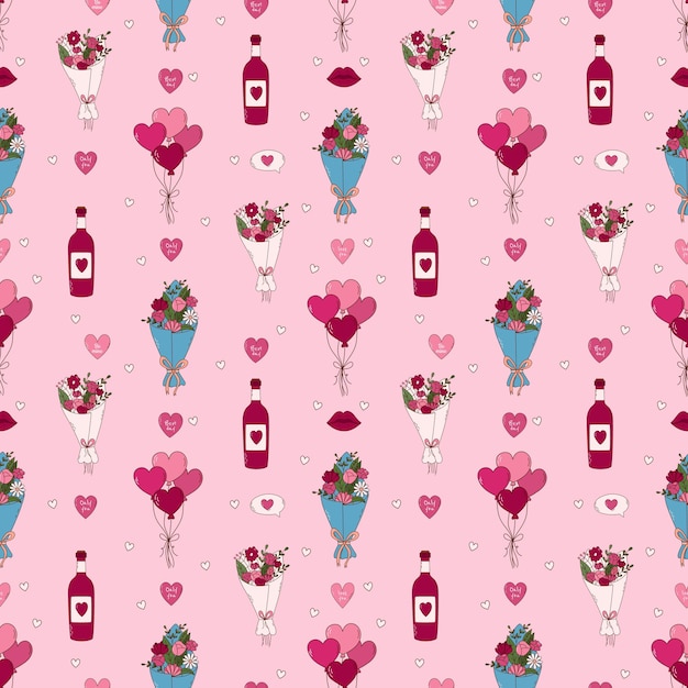 발렌타인 데이 손으로 그린 원활한 패턴 꽃 와인 Ballonos 심장