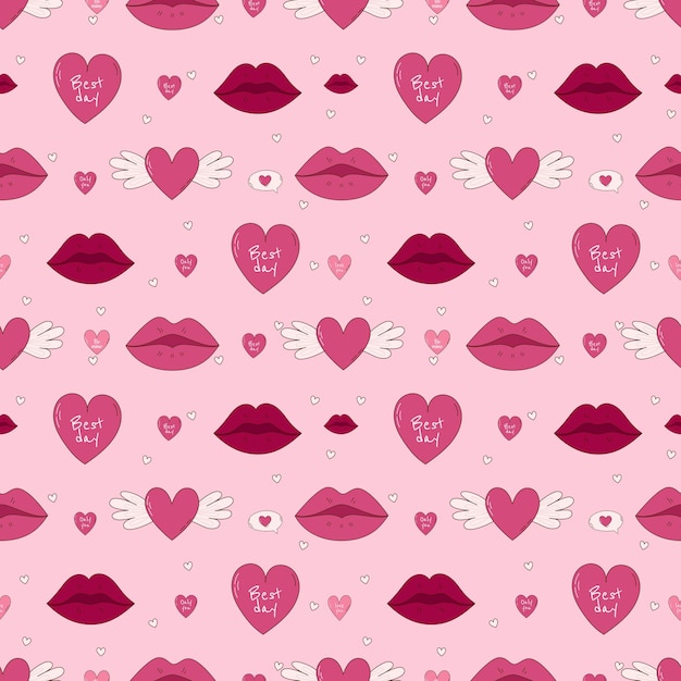 バレンタインデーの手描きのシームレスなパターン ハートと唇