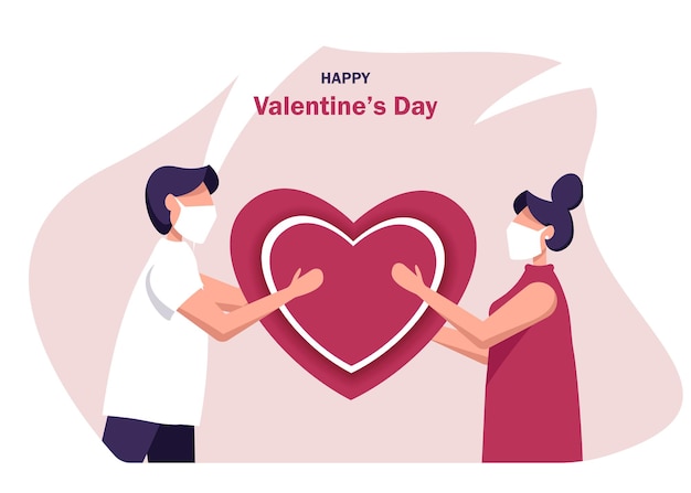 Valentine's Day. Happy people wearing a mask to prevent coronavirus celebrating Valentines Day. A guy gives a heart to a girl.