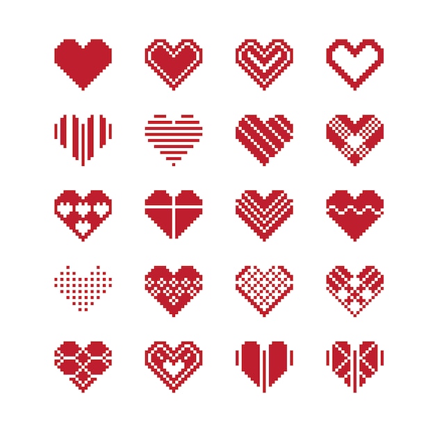 Vector valentine's day heart pixel icon set